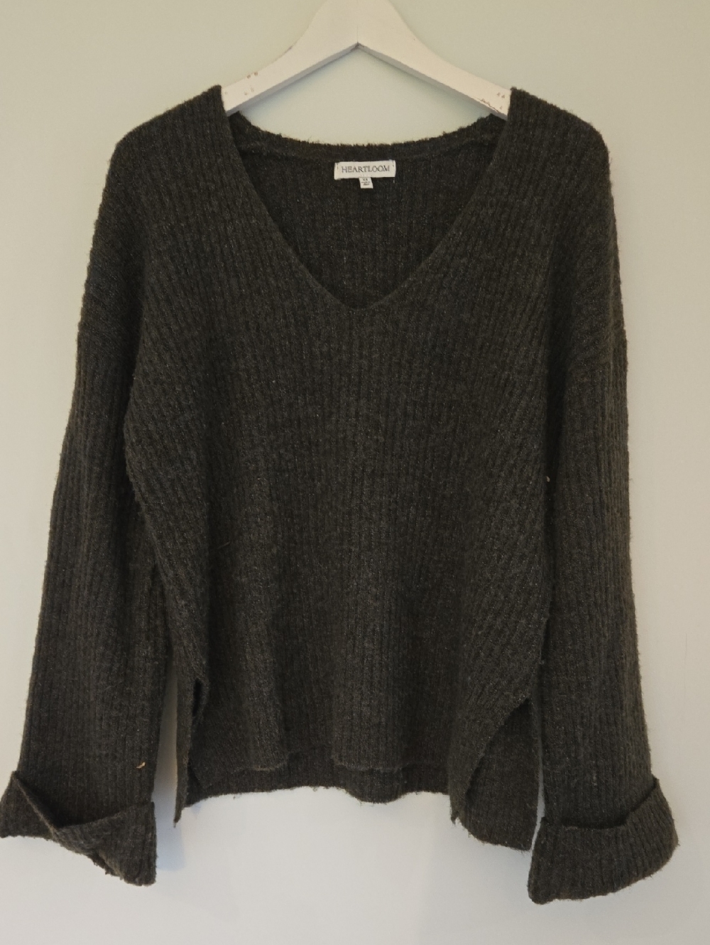 Heartloom Dark Green Ribbed V-Neck Pullover Sweater